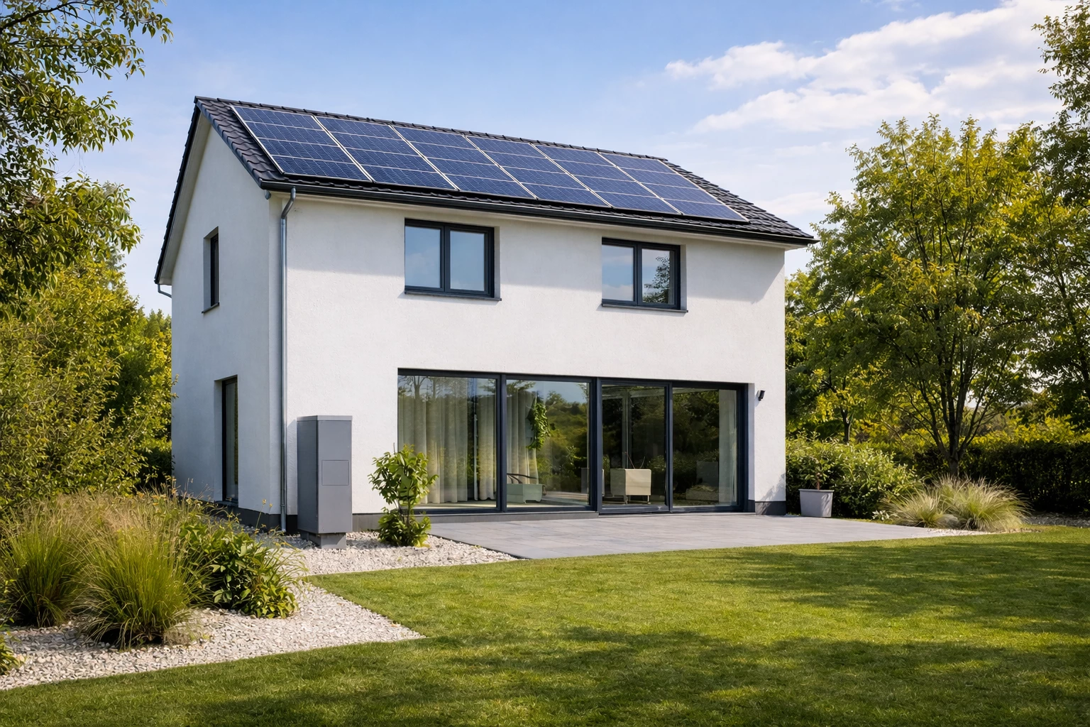 Modernes Haus mit Photovoltaikanlage und geringeren Stromkosten